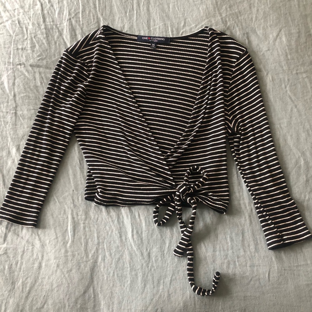 Black and White Striped Wrap Crop Top